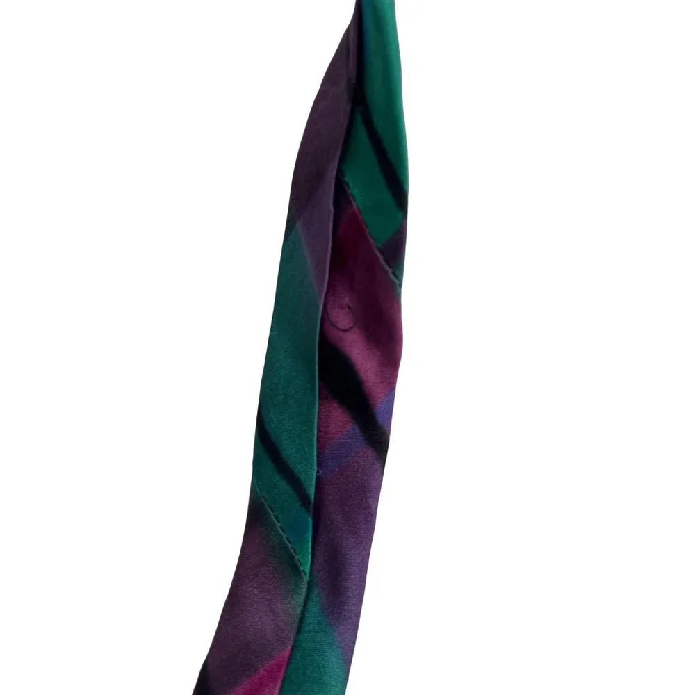 VTG Y2K Robert Daskal Hand Painted Silk Wide Tie Necktie Plaid Purple Teal 60X4